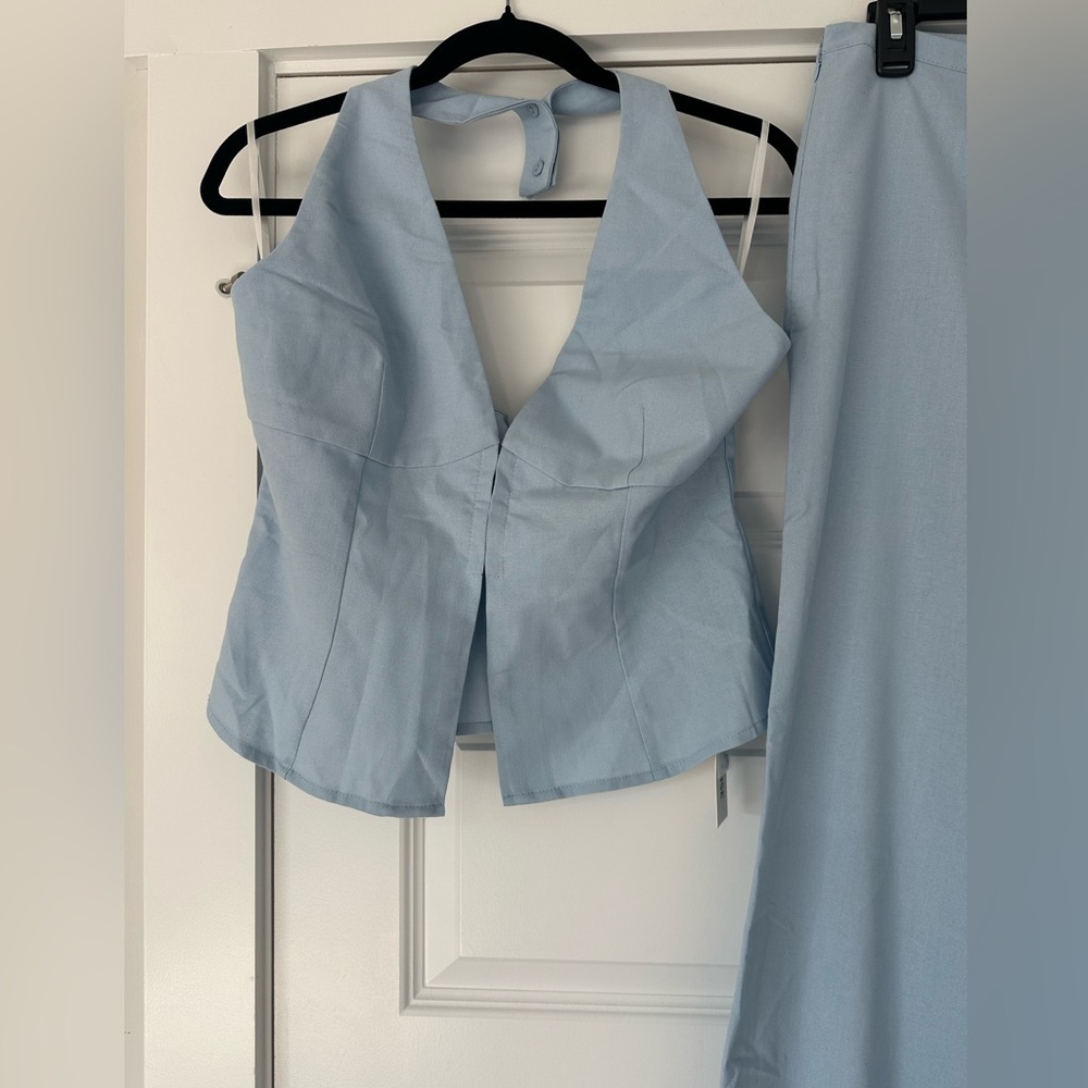 Commense Linen Blend Light Blue Two Piece Set - Picture 4 of 9
